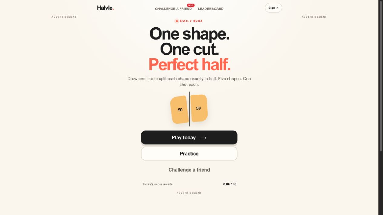 Halvle homepage showing the One shape. One cut. Perfect half daily game