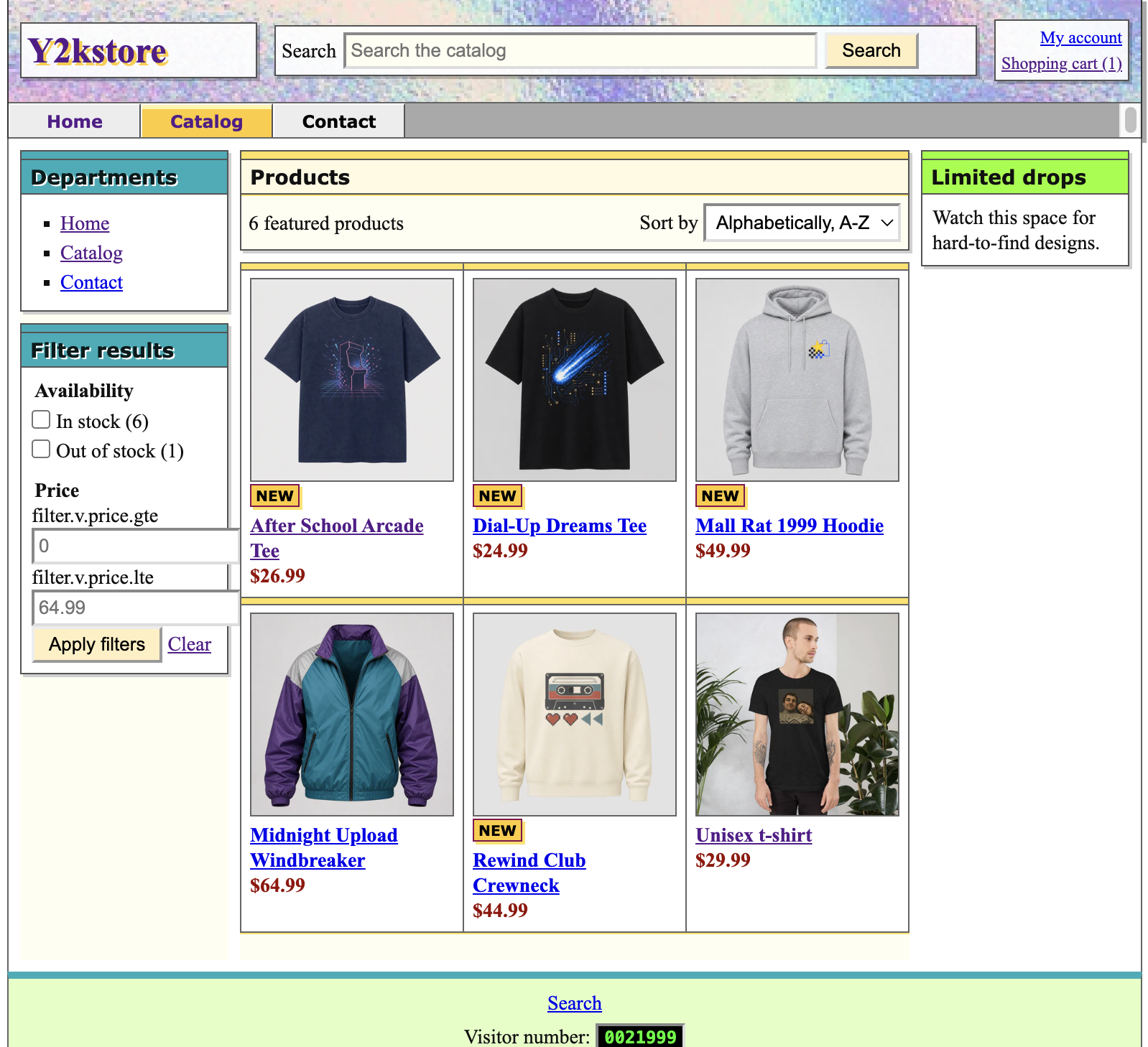 Custom Y2K-style Shopify catalogue with retro navigation, filters and product grid